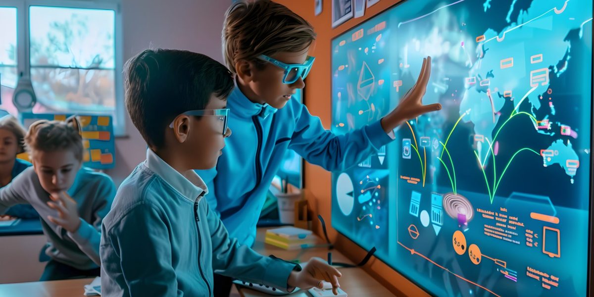 Two children point at a futuristic screen full of maps and information showcasing the possibilities of education technology in the classroom